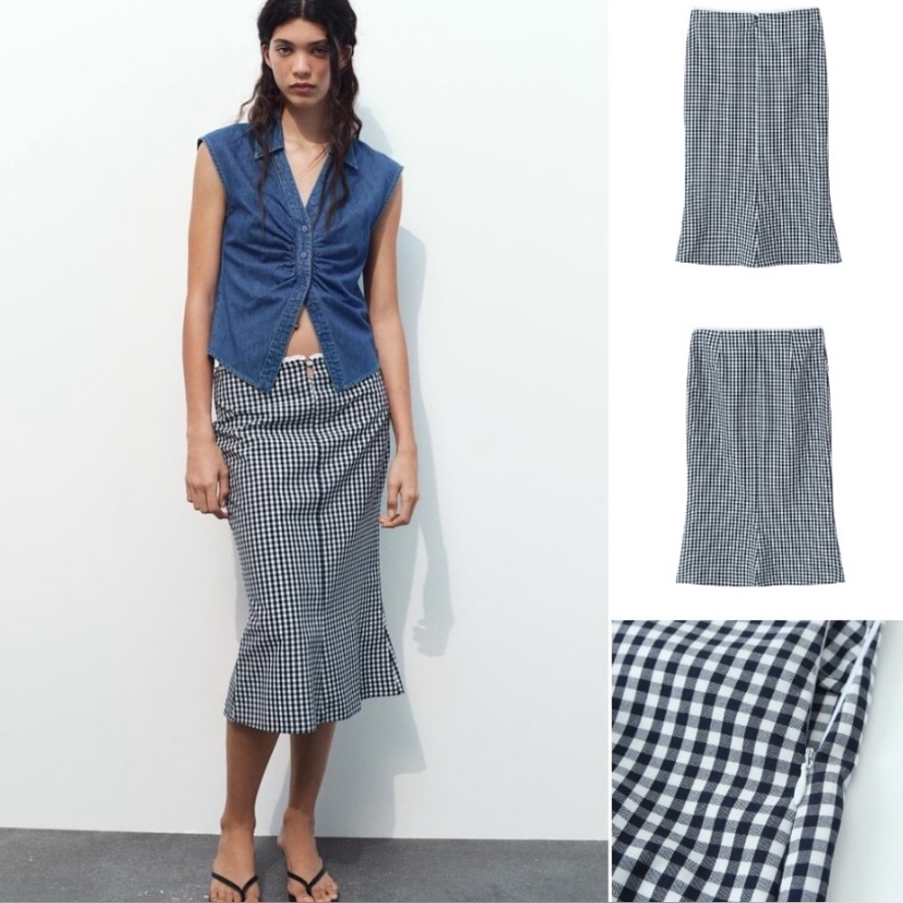 ZARA white and navy blue gingham midi 
skirt size medium